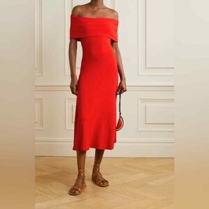 Mara Hoffman Midi Dress Red Ribbed Off-The-Shoulder Flare Stretch Small Imogen